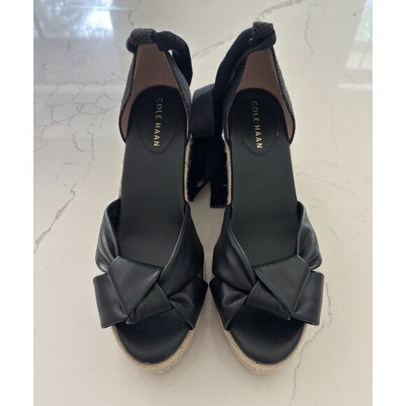 NWOB Cole Haan Cloudfeel Hampton Sandals SZ 8.5 black leather wedge sandals - Picture 2 of 7